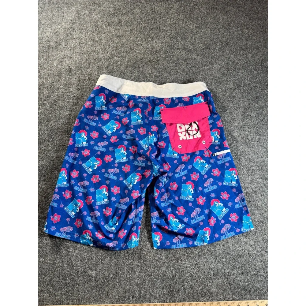 Dixxon Aloha Pin Up Board Shorts Mens 32 Blue Pink Floral Hibiscus Swim Trunks